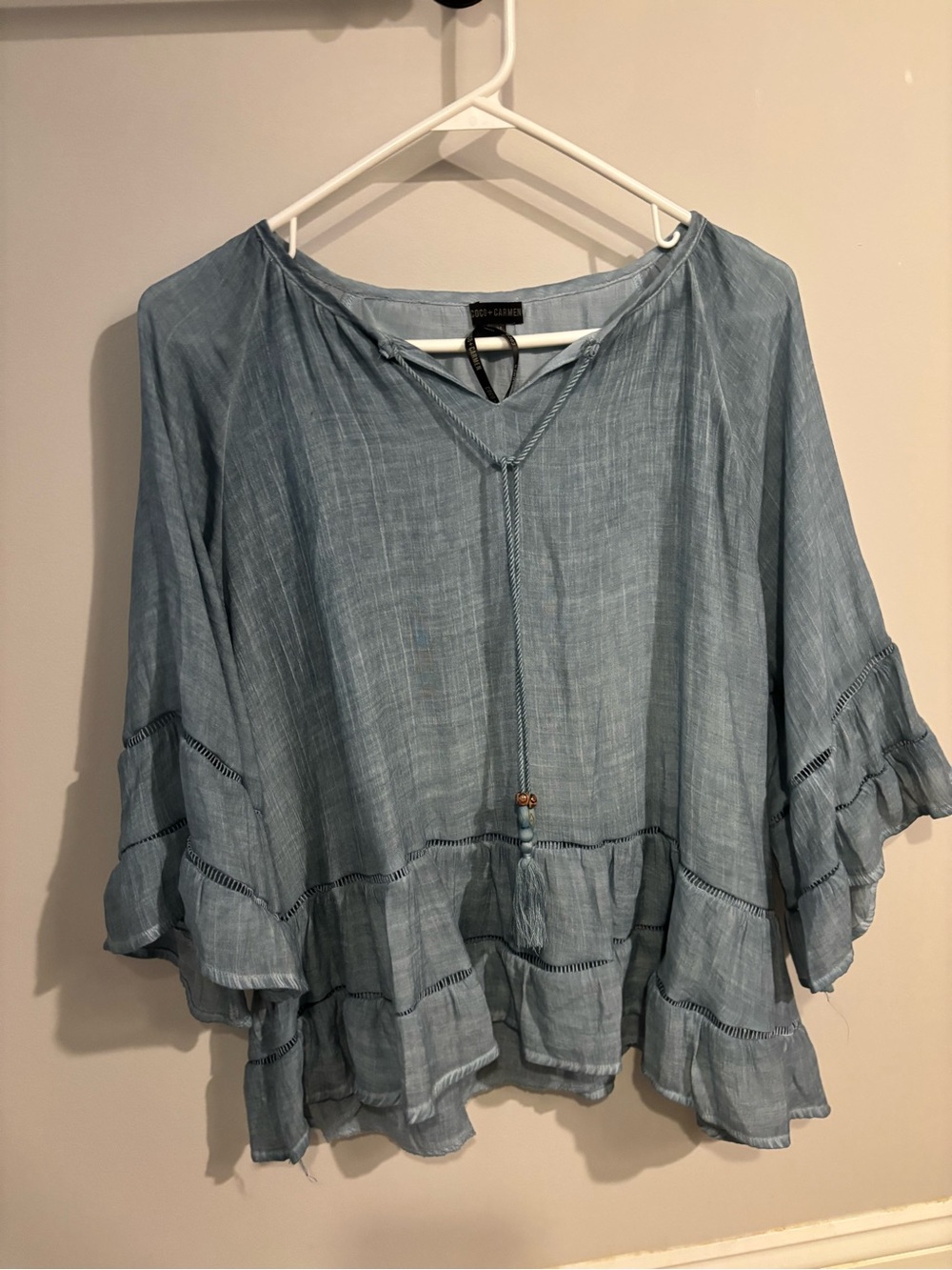 Coco + Carmen Dusty Blue Ruffled Peasant Tunic